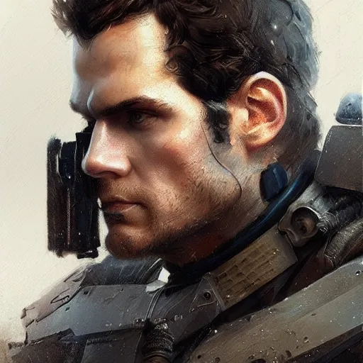 Image similar to portrait of a man by greg rutkowski, he looks like henry cavill, he is wearing a dieselpunk tactical armor gear, highly detailed portrait, digital painting, artstation, concept art, smooth, sharp foccus ilustration, artstation hq