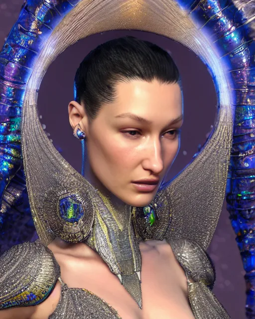 Image similar to a highly detailed metahuman 8 k close up render of bella hadid renaissance in iris van herpen dress schiaparelli in diamonds crystals swarovski and jewelry iridescent in style of alphonse mucha gustav klimt trending on artstation made in unreal engine 4