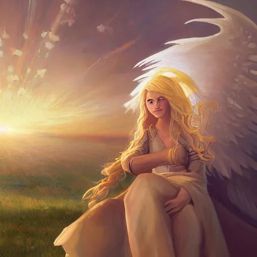 Prompt: a painting of an angel, a young woman with long blond hair and a halo smiling in heaven, looking down at her friend, a woman with long blond hair on earth, andreas rocha