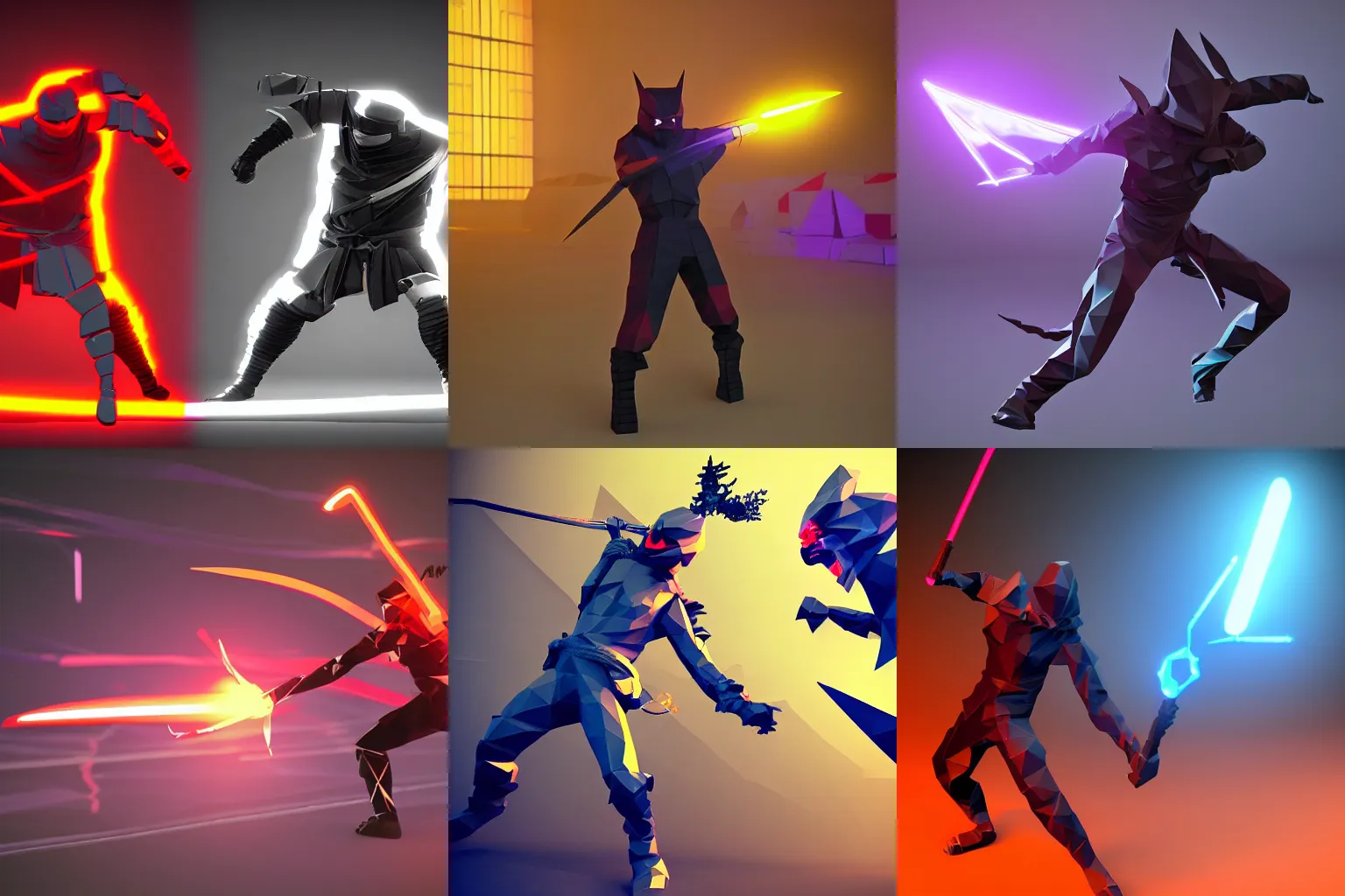 Prompt: low poly model of a neon ninja in an epic battle with a demon, sci-fi, cinematic, 12k, unreal engine