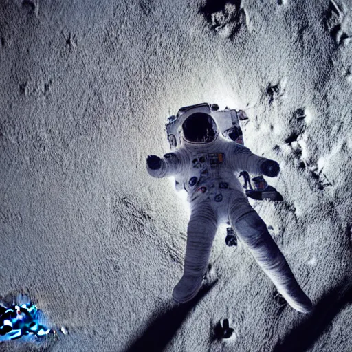 Image similar to photograph of an astronaut in space, singular light source from below, earth only visible below, darkness above, full body photo, amazing light and shadow contrast, 8 k