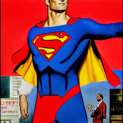 Prompt: Cary Grant as Superman in the style of Norman Rockwell,