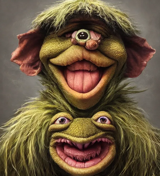 Image similar to hyper realistic portrait of muppet monster goblin, cinematic, symmetric face, dark crystal, artstation, cgsociety, alan lee, jean baptiste monge, scott radke