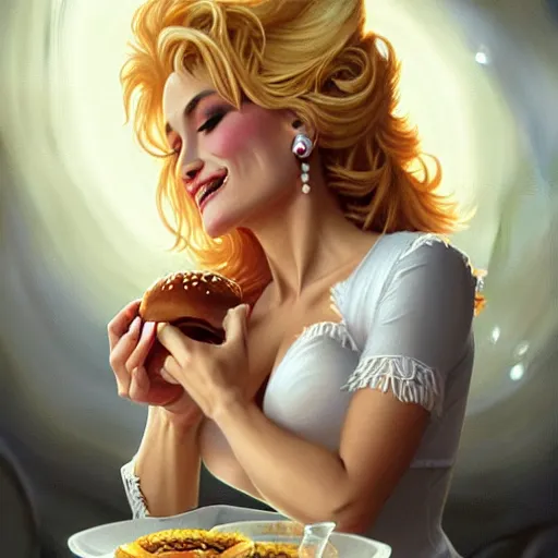 Image similar to portrait of dolly parton eating hamburgers, extra onions and ketchup, luscious patty with sesame seeds, feminine ethereal, handsome, d & d, fantasy, intricate, elegant, highly detailed, digital painting, artstation, concept art, matte, sharp focus, illustration, art by artgerm and greg rutkowski and alphonse mucha