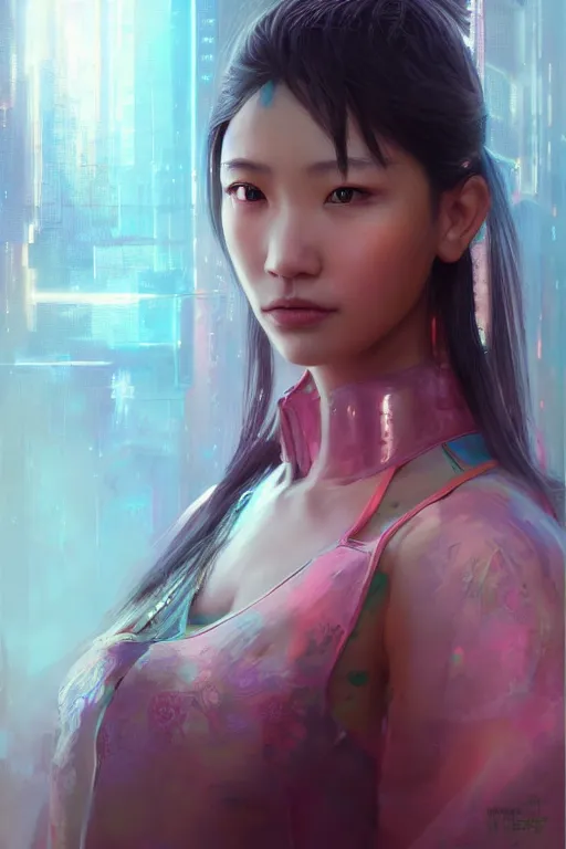 Prompt: stunning highly detailed portrait of a beautiful asian female cyberpunk, soft lighting, pastel neon colors, oil on canvas, strong lighting, by Mandy Jurgens, HD, 4K