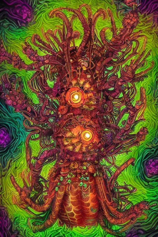 Image similar to creature sushi roots cactus elemental flush of force nature micro world fluo light deepdream a wild amazing steampunk baroque ancient alien creature, intricate detail, colorful digital painting radiating a glowing aura global illumination ray tracing