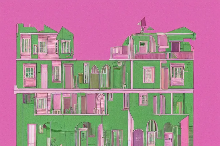 Image similar to a pink and green 2 d illustration of a cross section of a house, a storybook illustration by muti and tim biskup, featured on dribble, arts and crafts movement, behance hd, storybook illustration, dynamic composition