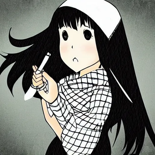 Image similar to “Detailed manga art of a beautiful Japanese girl holding a knife; loving expression; school uniform; high contrast; clean, sharp”