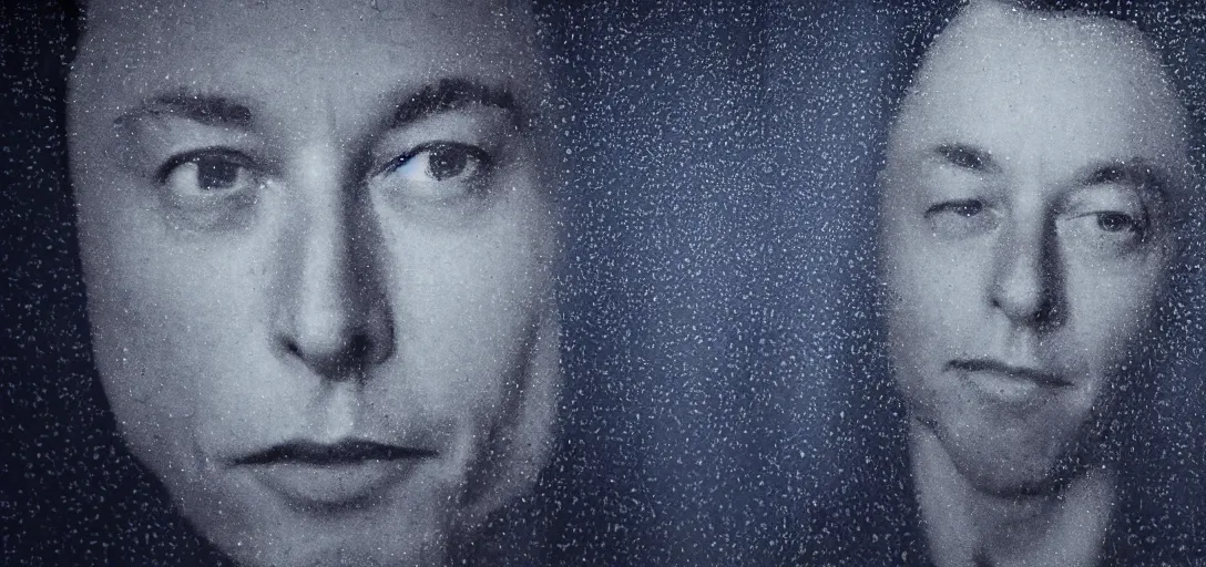 Image similar to dark photo of dark blue rainy bedroom window at night, dimly lit creepy grinning face of elon musk staring in through the window, horror, scary face,