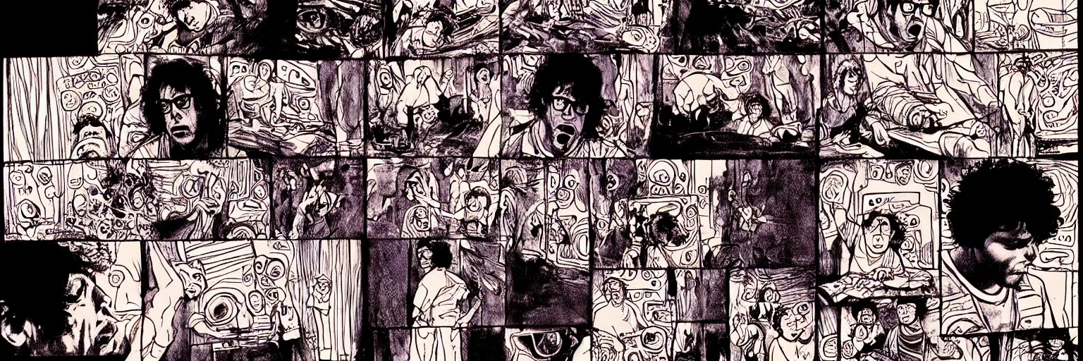 Prompt: character study of todd solondz tripping on mushrooms and becoming god | vivid colors : storyboard, dramatic and emotional, concept design, realistic. by gabriel hardman, joe alves, j. todd anderson, chris bonura. cinematic atmosphere, detailed and intricate, perfect anatomy