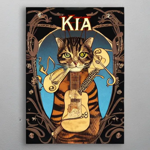 Image similar to art nouveau concert T-shirt design for heavy metal band “Kira” featuring tabby cat “Kira”, masterpiece, trending on artstation, cgstudio