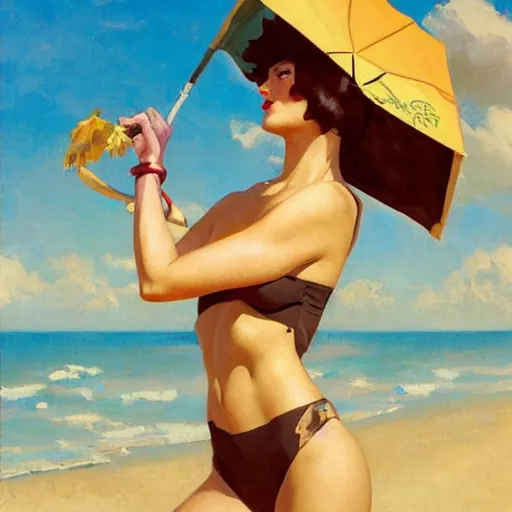 Image similar to greg manchess painting of tracer wearing a 1 9 2 0 s bikini in a beach, medium shot, organic painting, sunny day, bold shapes, hard edges, street art, trending on artstation, by huang guangjian and gil elvgren and sachin teng and artgerm and greg rutkowski and alphonse mucha