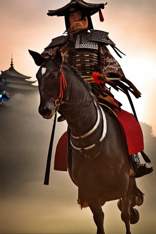 Prompt: highly detailed samurai warlord on a horse, atmospheric background, Japanese castle on background, sunset light, natural volumetric lighting, Toshiro Mifune, 8k,