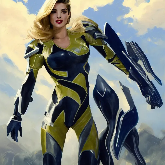 Image similar to A combination of Adriana Dxim's and Grace Kelly's and Ashley Greene's appearances with blonde hair wearing Interceptor's armor from Anthem, countryside, calm, fantasy character portrait, dynamic pose, above view, sunny day, thunder clouds in the sky, artwork by Jeremy Lipkin and Giuseppe Dangelico Pino and Michael Garmash and Rob Rey and Greg Manchess and Huang Guangjian, very coherent asymmetrical artwork, sharp edges, perfect face, simple form, 100mm