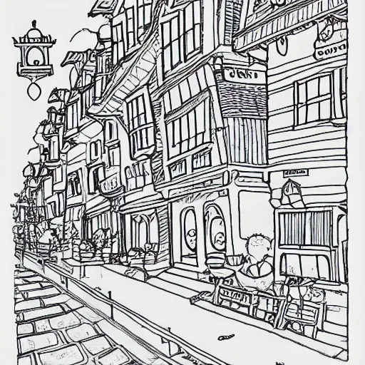 Image similar to an adult coloring page studio ghibli style town