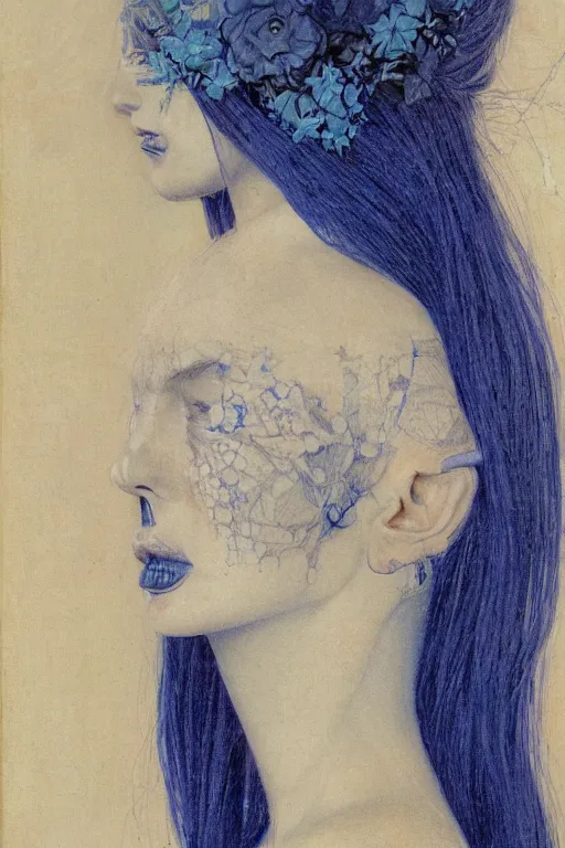 Image similar to portrait of beautiful young mainem, warhammer, japanic style, cyberpunk, a lot of scars, more and more flowers, blue head, the middle ages, highly detailed, artstation, illustration, art by jean delville, 8 k quality