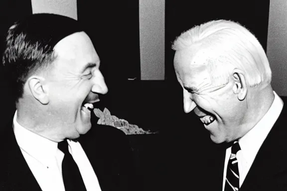 Image similar to “ very very intricate photorealistic photo of hitler and joe biden laughing together, detailed natural lighting, award - winning crisp details ”