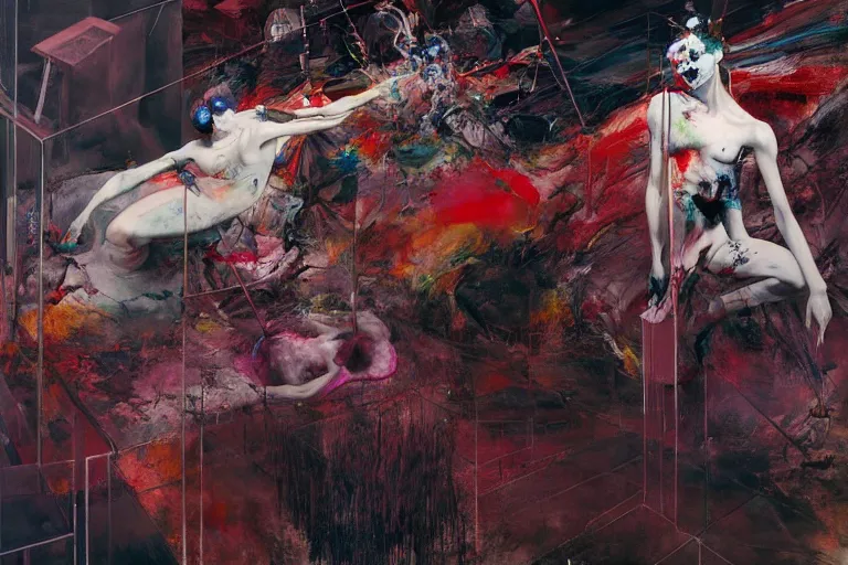 Prompt: the physical impossibility of death, in a brutalist designed space ship, hauntingly surreal, gothic, rich deep colours, painted by francis bacon, adrian ghenie, james jean and petra cortright, part by gerhard richter, part by takato yamamoto. 8 k masterpiece