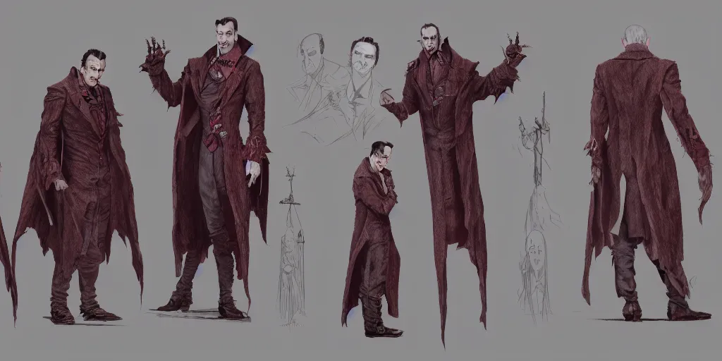 Image similar to dracula, character sheet, concept design, contrast, hot toys, kim jung gi, greg rutkowski, zabrocki, karlkka, jayison devadas, trending on artstation, 8 k, ultra wide angle, pincushion lens effect