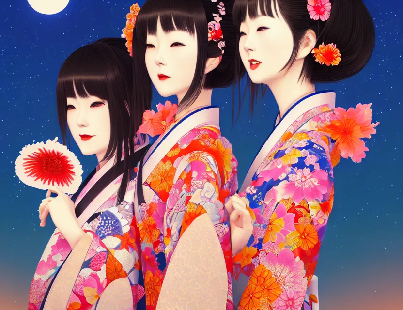 Image similar to two beautiful charming japan girls wear arty kimono in festival | | sunny night, full moon, dreamlike art, realistic shaded, smile, good looking, hyper details, 4 k realistic, cryengine, realistic shaded lighting poster by ilya kuvshinov, fuji choko, ross tran, 8 k resolution, trending on artstation, luxury