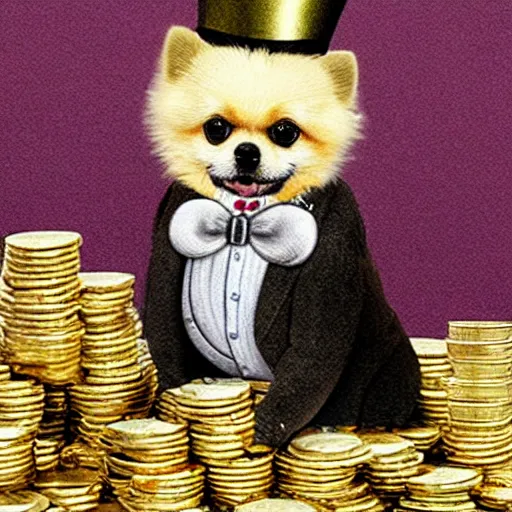 Image similar to A pomeranian wearing a top-hat and a monocle, sitting on a pile of gold coins