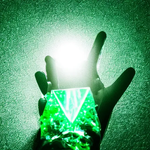 Image similar to a glowing shard of kryptonite held in an open black - gloved hand, pitch black background, glove dimly lit only by the green glow of the kryptonite