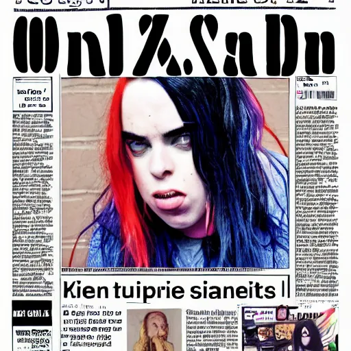 Prompt: crazy mad billie eilish on local newspaper