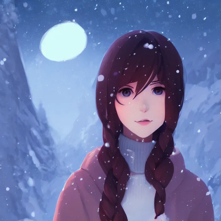 Image similar to portrait of a beautiful girl, snow landscape background, ambient lighting, dynamic lighting, 4 k, hq, official media, anime key visual, makoto shinkai, ilya kuvshinov, lois van baarle, rossdraws, detailed, trending on artstation