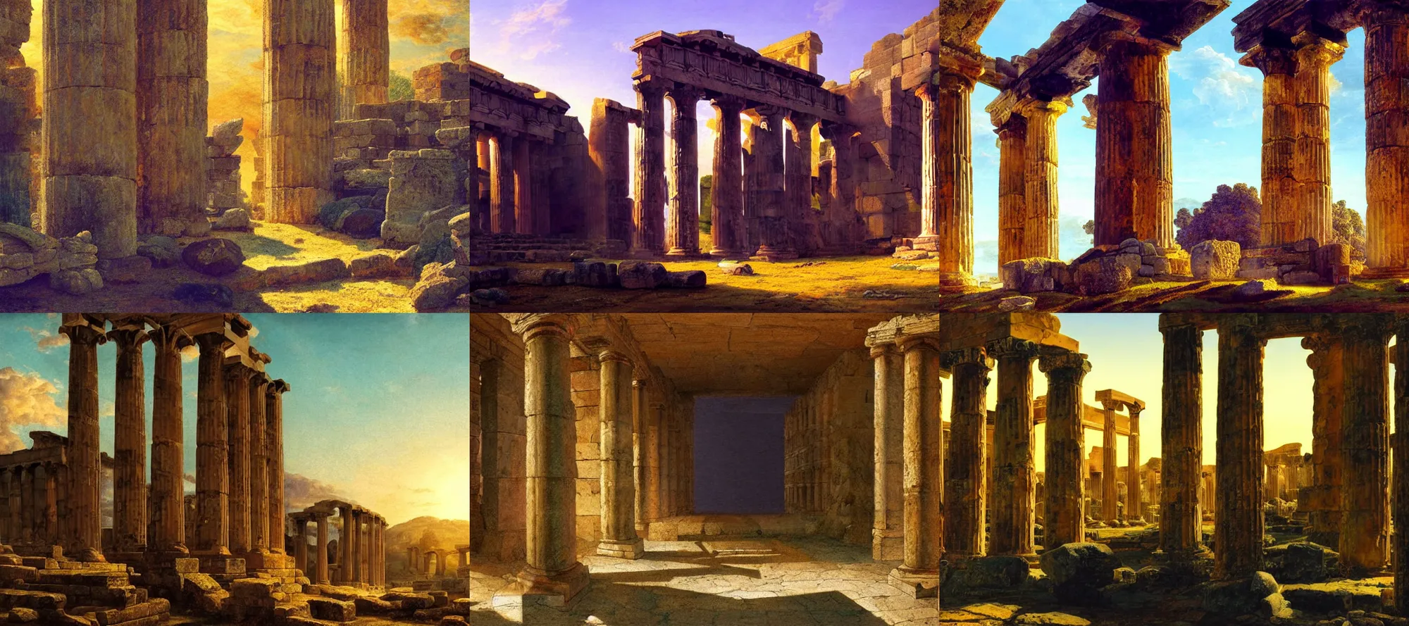 Prompt: closeup, inside ancient greek ruins, digital painting, concept art, colourful, golden hour, volumetric lighting, caspar david friedrich, blue and purple tones