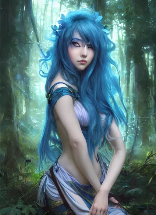 Image similar to stunningly beautiful female blue hair, dj sura face, fantasy art, fae priestess, lush forest landscape, dark light night, sharp focus, digital painting, 8 k, concept art, art by wlop, artgerm, greg rutkowski and alphonse mucha