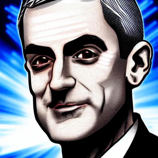 Image similar to digital illustration of secretary of denis mcdonough face, cover art of graphic novel, eyes replaced by glowing lights, glowing eyes, flashing eyes, balls of light for eyes, evil laugh, menacing, Machiavellian puppetmaster, villain, clean lines, clean ink