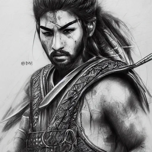 Image similar to Kurdish samurai, detailed charcoal sketch, realistic, incredibly detailed, award winning art, cinematic, extremely high detail, concept art, 4k fantasy art, trending on artstation