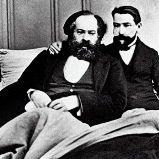 Image similar to Karl Marx and Ayn Rand lying on bed, photo, 1920