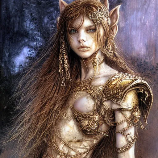 Image similar to portrait of ethereal young goblin princess in golden armour by Luis Royo