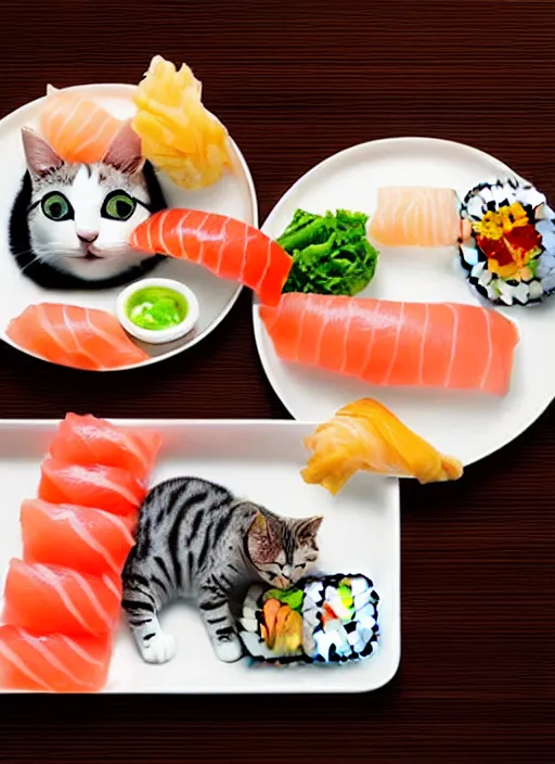 Image similar to clear photograph of cute cats eating sushi from sushi plates