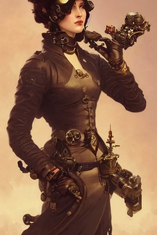 Image similar to a female steampunk pilot, googles, arcane, intricate, elegant, highly detailed, digital painting, artstation, concept art, smooth, sharp focus, illustration, art by artgerm and greg rutkowski and alphonse mucha and william - adolphe bouguereau