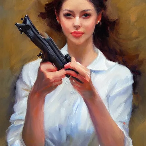 Prompt: woman with a gun painting by Vladimir Volegov