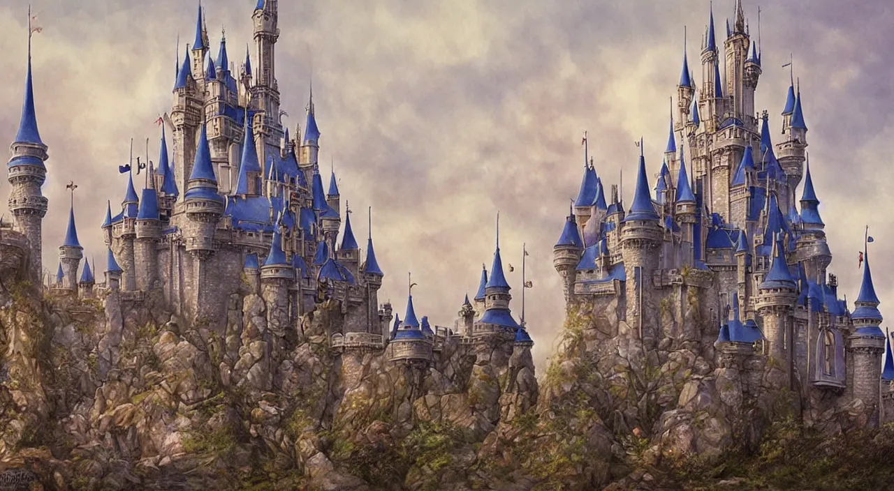 Image similar to disney fantasy castle. Jean-Baptiste Monge and Alex Ross a artwork of a gothic revival castle