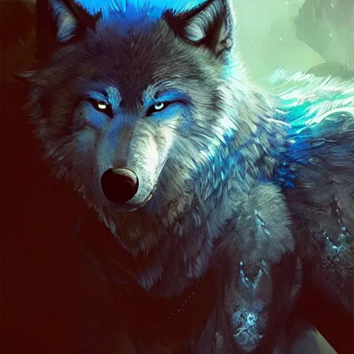 Image similar to a pack of large blue wolves with intricate glowing symbols on their fur. fantasy art cinematic. detailed masterpiece. realistic. photo realism. cgsociety. by krenz cushart. ruan jia. jarold sng.