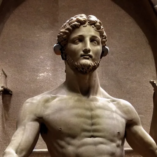 Image similar to A photo of Michelangelo's sculpture of David wearing headphones djing