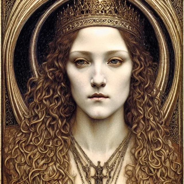 Image similar to detailed realistic beautiful young medieval queen face portrait by jean delville, gustave dore and marco mazzoni, art nouveau, symbolist, visionary, gothic, pre - raphaelite. horizontal symmetry