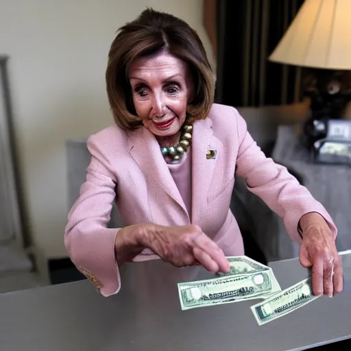 Prompt: nancy pelosi playing with one hundred dollar bills wlop