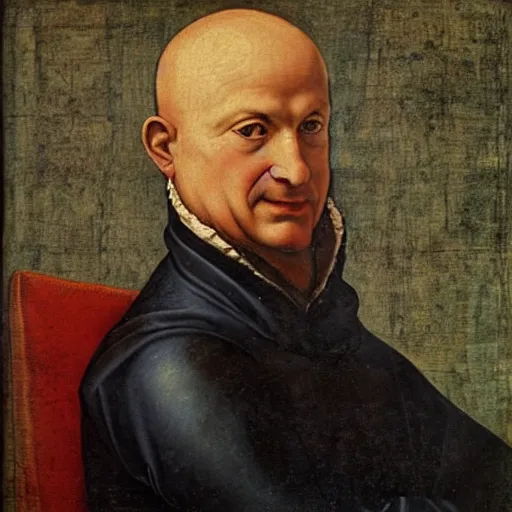 Prompt: a renaissance painting of a middle aged man with partially bald head wearing a suit