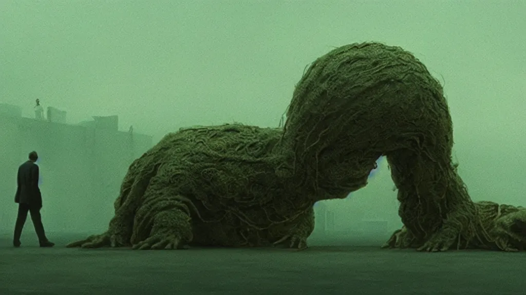 Image similar to the strange creature from my eye, we ait in line at the bank, film still from the movie directed by denis villeneuve and david cronenberg with art direction by salvador dali and zdzisław beksinski, wide lens