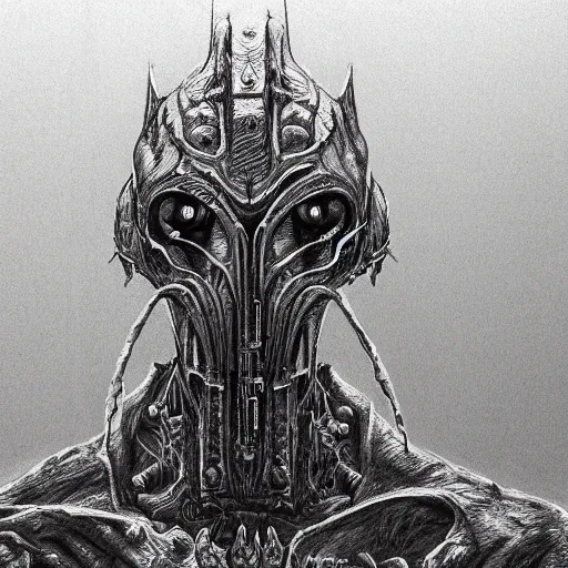 Image similar to iconic sentinel biomechanoid priest infected with demon head album hyper detailed concept art crosshatch sketch illustration art style by Jonathan Wayshak and Toshihiro Egawa and Zdizslaw Beksinski and Artstation trending 8k