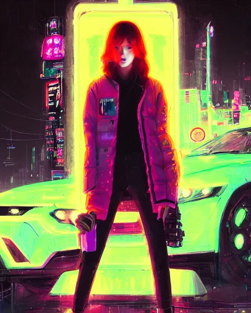 Prompt: detailed portrait katherine mcnamara neon operator girl, cyberpunk futuristic, neon, reflective puffy coat, decorated with traditional japanese by ismail inceoglu dragan bibin hans thoma greg rutkowski alexandros pyromallis nekro rene margitte, illustrated, perfect face, fine details, realistic shaded, fine - face, pretty face