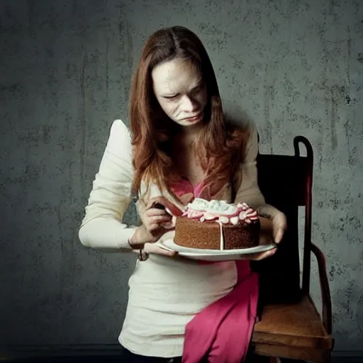Image similar to Horror scene where a woman discovers that everything is made of cake: the bag she holds, the chair, the walls of the room and even herself!!!
