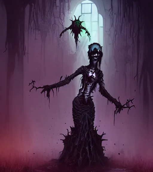 Image similar to gothic necrolord female with zombie servents, digital painting, liminal eerie midnight backlit, a picture taken by Michael Komarck and Daniel Ljunggren