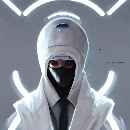 Image similar to full body portrait of a male character in sleek clothes, in a futuristic flowing white tailcoat, wearing a white insectoid mask with five round lenses for eyes, many eyes, dramatic lighting, illustration by Greg rutkowski, yoji shinkawa, 4k, digital art, concept art, trending on artstation