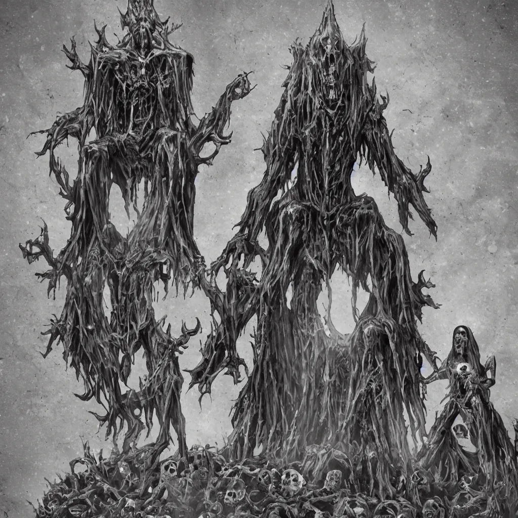 Image similar to creepy dark tall creature sitting on a throne made of skulls, moonlight